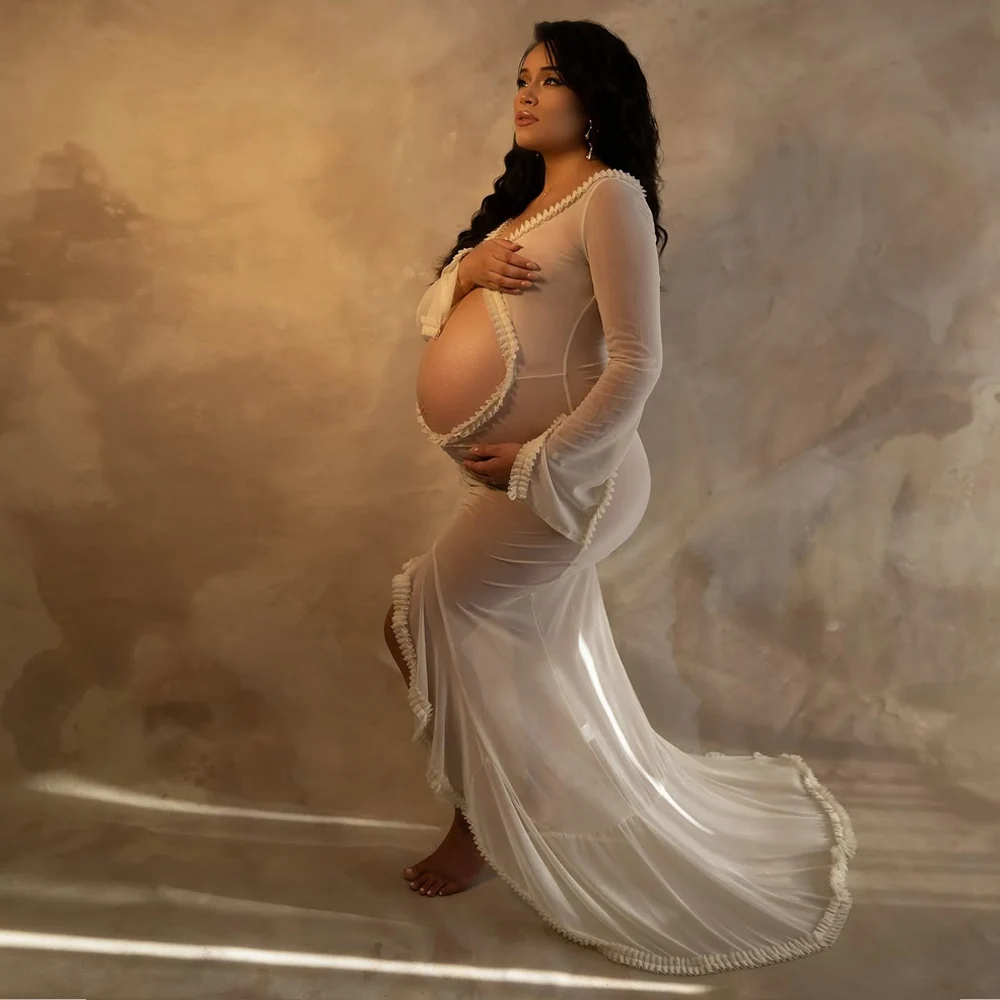 Baby Products Expo - Zwangerschapsjurken Fotoshoot Outfit Lange mouw Ruche